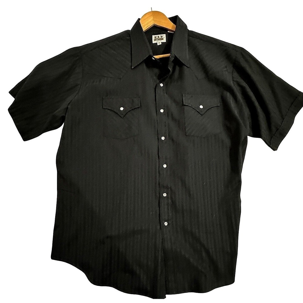 Ely Cattleman Pearl Snap Shirt Men's XXL Black Pattern 18.5 Western Short Sleeve